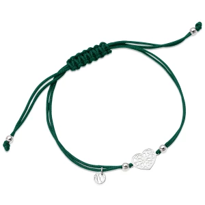 Bransoletka srebrna na zielonym sznurku - serce - Hippie Hippie - Biżuteria YES