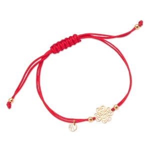 Bransoletka srebrna pozłacana na czerwonym sznurku - koniczyna - Hippie Hippie - Biżuteria YES