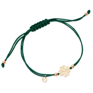 Bransoletka srebrna pozłacana na zielonym sznurku - koniczyna - Hippie Hippie - Biżuteria YES