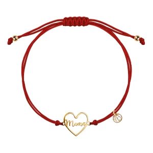 Bransoletka srebrna pozłacana na czerwonym sznurku - serce - Hippie Hippie - Biżuteria YES