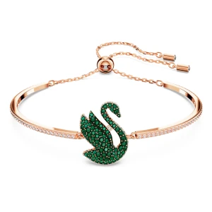 Bransoletka typu bangle Swan, Łabędź, Zielona, Powłoka w odcieniu różowego złota Swarovski