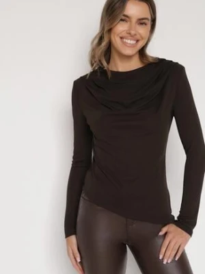 Brązowa Asymetryczna Bluzka z Długim Rękawem i Usztywnionymi Ramionami Tusallea