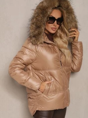 Ciemnobeżowa Asymetryczna Kurtka z Kapturem z Futrem z Możliwością Odpięcia Zineira