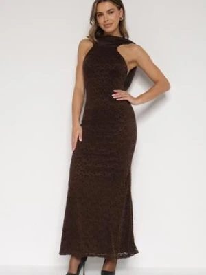 Brązowa Asymetryczna Sukienka z Falbaną Nawedina