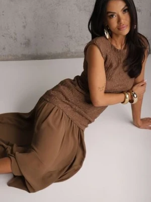 Brązowa Ażurowa Sukienka z Transparentnym Dołem i Usztywnionymi Ramionami Semiris yu & me