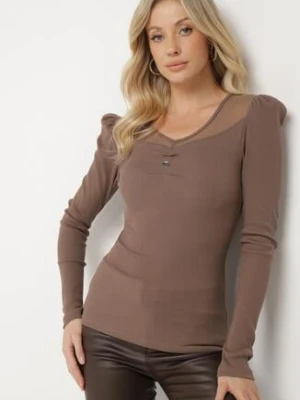 Brązowa Bawełniana Bluzka z Prążkowanego Materiału z Metaliczną Aplikacją Esaloren las garras