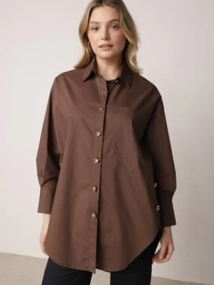 Brązowa Bawełniana Koszula Oversize z Biżuteryjnymi Guzikami Adrearina bisou's project