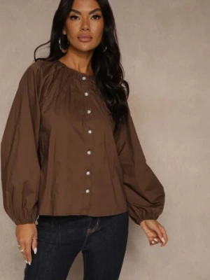Brązowa Bawełniana Koszula Ozdobiona Marszczeniem i Guzikami z Cyrkoniami Zenana bisou's project
