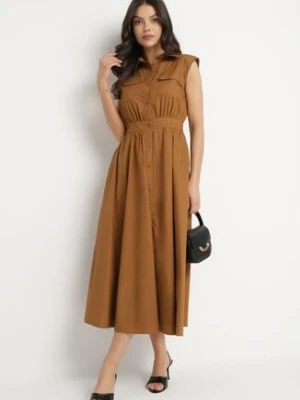 Brązowa Bawełniana Koszulowa Sukienka z Ozdobnymi Kieszonkami Savarette elsa.m by may