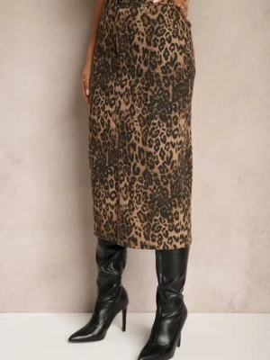 Brązowa Bawełniana Spódnica w Panterkę High Waist z Rozcięciem z Przodu Harilie elsa.m by may