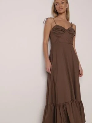 Brązowa Bawełniana Sukienka o Rozkloszowanym Kroju na Wiązanych Ramiączkach Milalisa