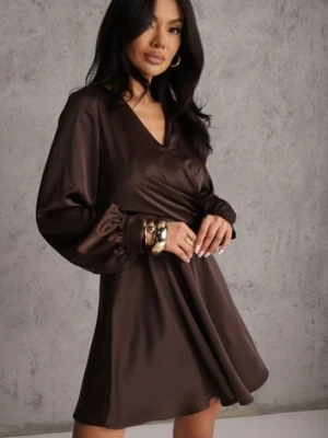 Brązowa Bawełniana Sukienka VICES z Satyny z Kopertowym Dekoltem Cunelia