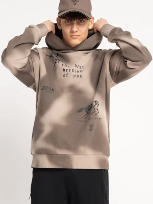 Brązowa bluza REGULAR z kapturem z nadrukiem na całości Reporter