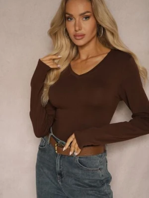Brązowa Bluzka Bawełniana Typu Longsleeve z Dekoltem w Kształcie Litery V Miavelle glo-story