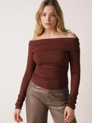Brązowa Bluzka Hiszpanka Vices z Marszczeniem w Talii i przy Rękawach Temile