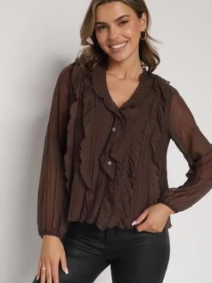 Brązowa Bluzka Koszulowa z Dekoltem w Serek Zdobiona Falbankami Nailiphis
