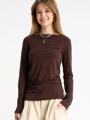 Brązowa bluzka LONG z długimi rękawami z marszczeniami w pasie Reporter