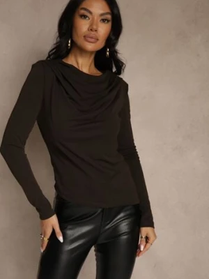 Brązowa Bluzka Longsleeve o Asymetrycznym Kroju z Poduszkami w Ramionach Tusandia
