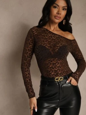 Brązowa Bluzka Longsleeve z Koronki z Asymetrycznym Dekoltem Liwedisa