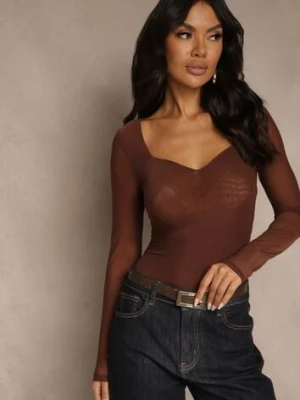 Brązowa Bluzka Longsleeve z Siateczki z Wiskozą z Dekoltem w Serce Elinevia