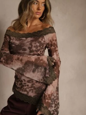 Brązowa Bluzka Siateczkowa Typu Hiszpanka z Bawełną i Wiskozą z Koronką Nurriva elsa.m by may