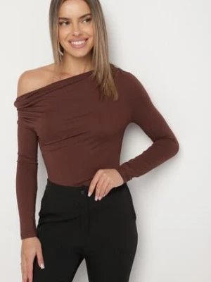 Brązowa Bluzka Vices o Asymetrycznym Kroju z Długimi Rękawami Kovrra