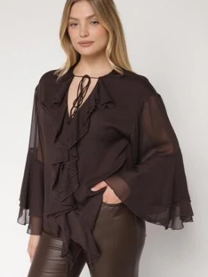 Brązowa Bluzka w Rustykalnym Stylu z Wiązaniem i Falbankami Nenarea bisou's project
