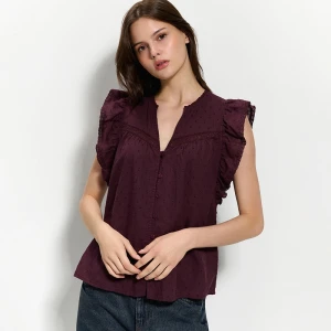 Brązowa bluzka z falbanką i koronką House