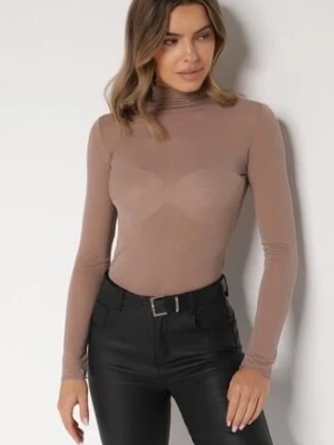 Brązowa Bluzka z Golfem Typu Longsleeve z Wiskozy z Kaszmirem Fedine