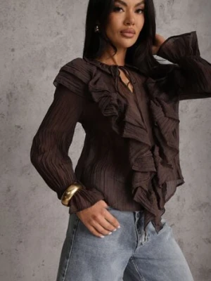 Brązowa Bluzka z Lyocellem w Stylu Boho z Wiązaniem pod Szyją i Falbanami Tasimi bisou's project