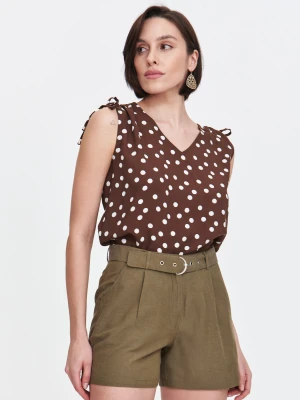 Brązowa bluzka z printem w grochy Top Secret