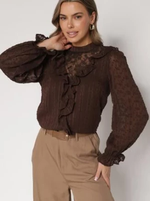 Brązowa Bluzka Zdobiona Koronką Falbankami i Metaliczną Nicią Feralea