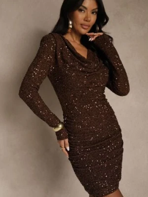 Brązowa Cekinowa Sukienka Elegancka o Dopasowanym Kroju z Dekoltem Woda Silweda