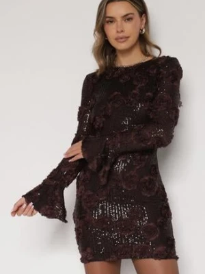 Brązowa Cekinowa Sukienka z Kwiatami 3D Naweda