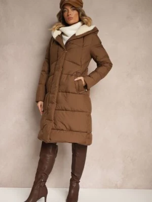 Brązowa Długa Kurtka Pikowana z Kapturem Wiązana w Pasie Neanethra rosse line