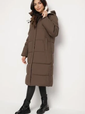 Brązowa Długa Kurtka Pikowana z Odpinanym Kapturem i Kieszeniami Etarose ann gissy