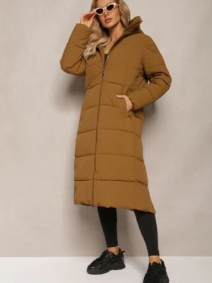 Brązowa Długa Kurtka Płaszcz z Pikowaniem oraz Kapturem Madirre ann gissy