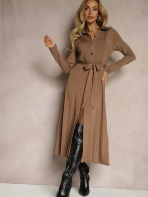 Ciemnobeżowa Długa Sukienka Koszulowa z Wiązaniem w Talii Levae by swan