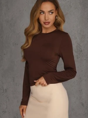 Brązowa Dopasowana Bluzka Typu Longsleeve z Bawełną Moanti