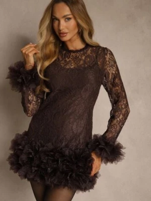 Brązowa Dopasowana Koronkowa Sukienka Koktajlowa z Tiulowymi Aplikacjami Kretalia