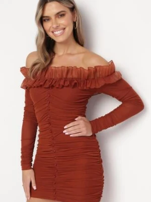 Brązowa Dopasowana Sukienka Hiszpanka z Falbanką Turlia