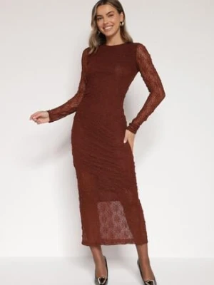 Brązowa Dopasowana Sukienka Koronkowa z Długim Rękawem Zenika