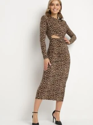 Brązowa Dopasowana Sukienka w Panterkę Zdobiona Cyrkoniami Nallines allyson