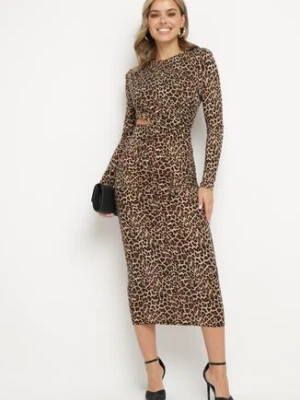 Brązowa Dopasowana Sukienka w Panterkę Zdobiona Cyrkoniami Nallines allyson