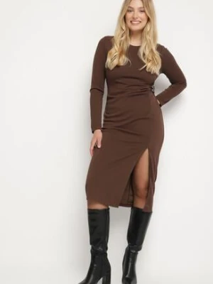 Brązowa Dopasowana Sukienka z Bawełną Ozdobiona Paskami z Klamrami Esanea bisou's project