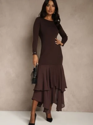 Brązowa Dopasowana Sukienka z Wiskozą Zdobiona Falbankami u Dołu Setra