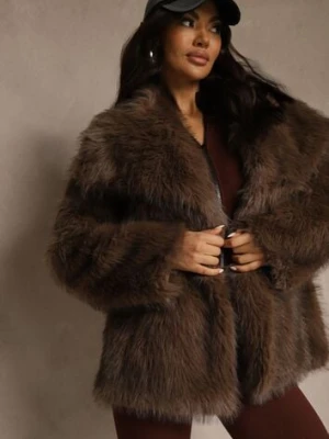 Brązowa Dwurzędowa Kurtka Futerko Oversize Nenalla