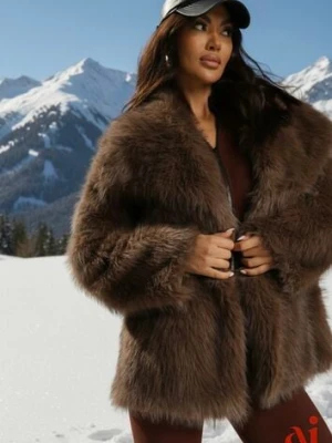 Brązowa Dwurzędowa Kurtka Futerko Oversize Nenalla