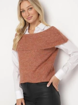 Brązowa Dzianinowa Bluzka Top z Hiszpańskim Dekoltem z Wełną Inathiel acajo