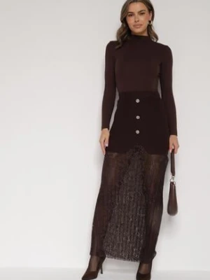 Brązowa Dzianinowa Spódnica z Wiskozą Zdobiona Koronką i Guzikami Sewora